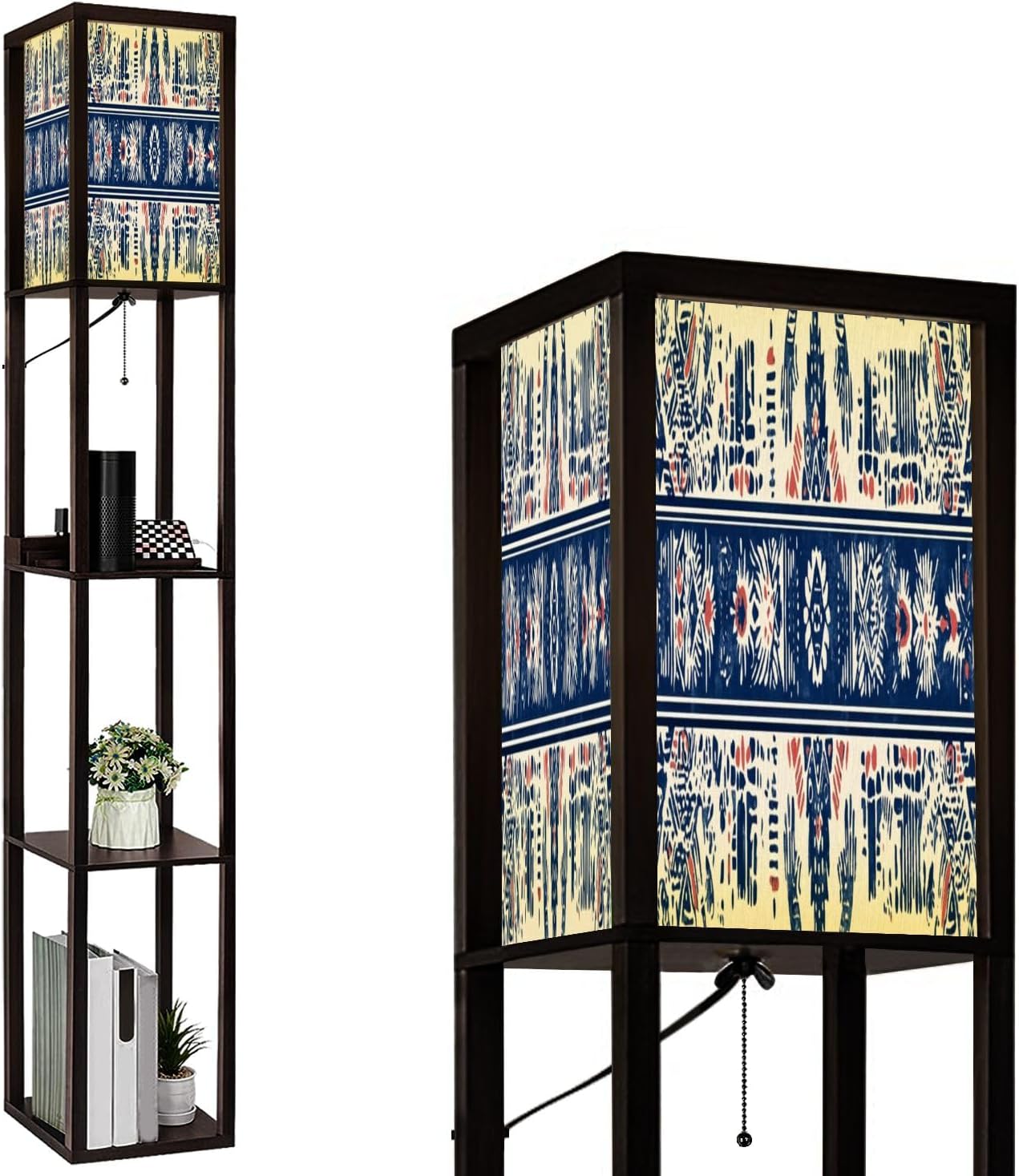 Floor Lamp with Shelves geometric folklore ornament Tribal ethnic texture Seamless striped Standing Tall Lamp USB Ports & Power Outlet Modern Corner Lamp Nightstand Light for Living Room Bedroom