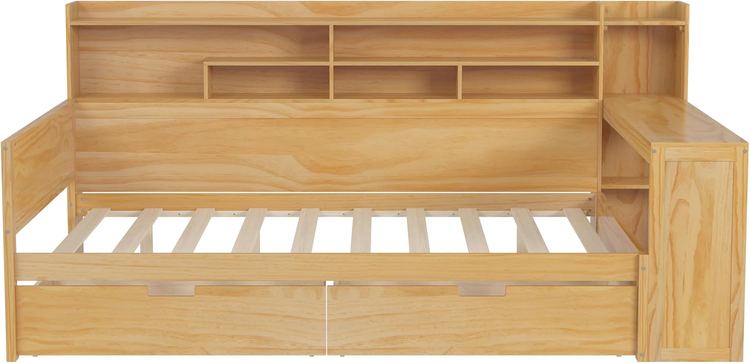 LUMISOL Full Size Daybed with Desk & Storage, Wooden Corner Bed Frame with Storage Drawers & Shelves for Living Room, Guest Room, No Box Spring Needed, Natural
