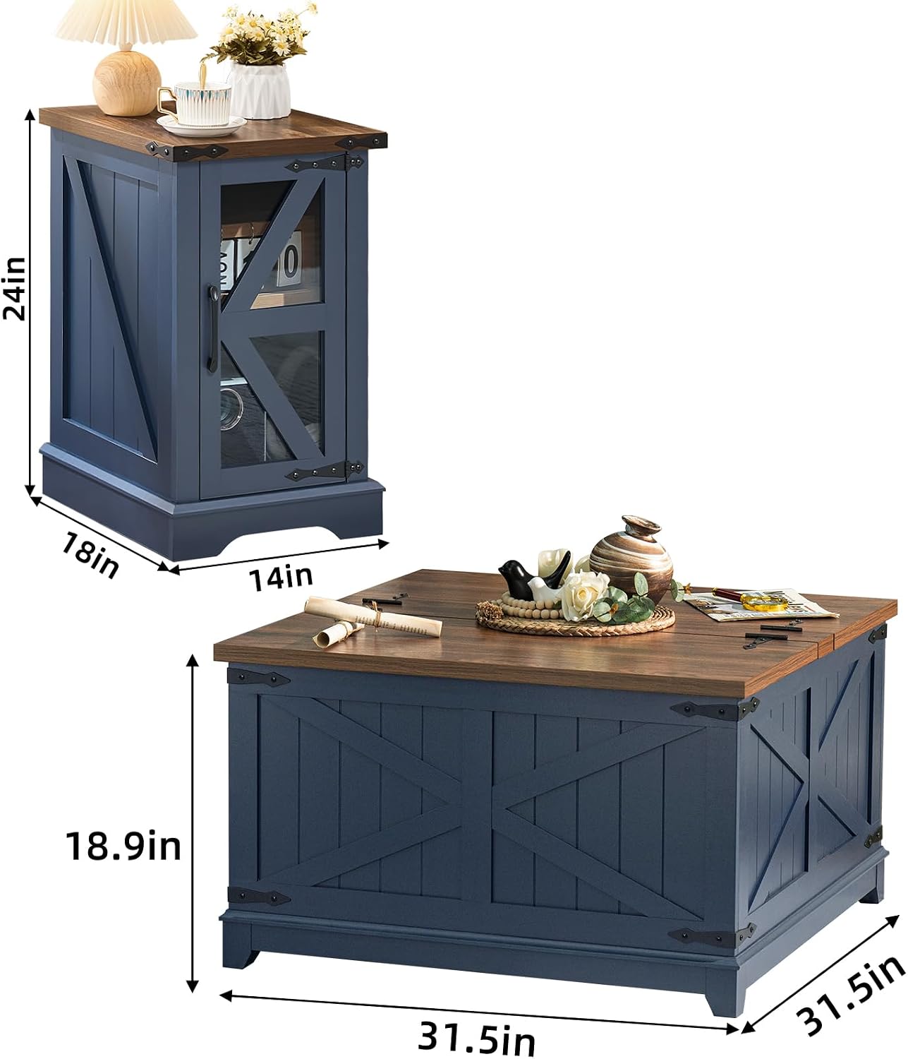Joaxswe Farmhouse Coffee Table Set of 3, Narrow NightStands with Glass Barn Door Storage, Large Coffee Tables with Hidden Storage Organizer, Furniture Sets for Office, Living Room, Blue