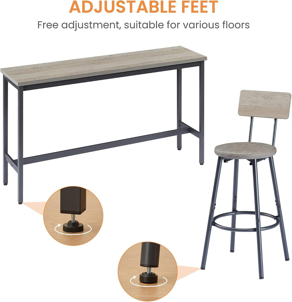 Elevon Long Bar Table Set with 3 PU Upholstered Bar Stools, Dining Table and Chair Sets, Industrial Tall Coffee Table and Back Chair for Kitchen, Living Room, Party Room, Small Space, Pub, Gray