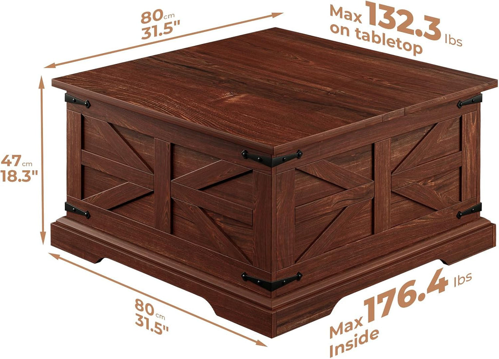 Farmhouse Coffee Table with Large Hidden Storage, Square Wood Living Room Tables, Multi-Function Lift Wooden Barn Door Center Table (Cherry Wood)