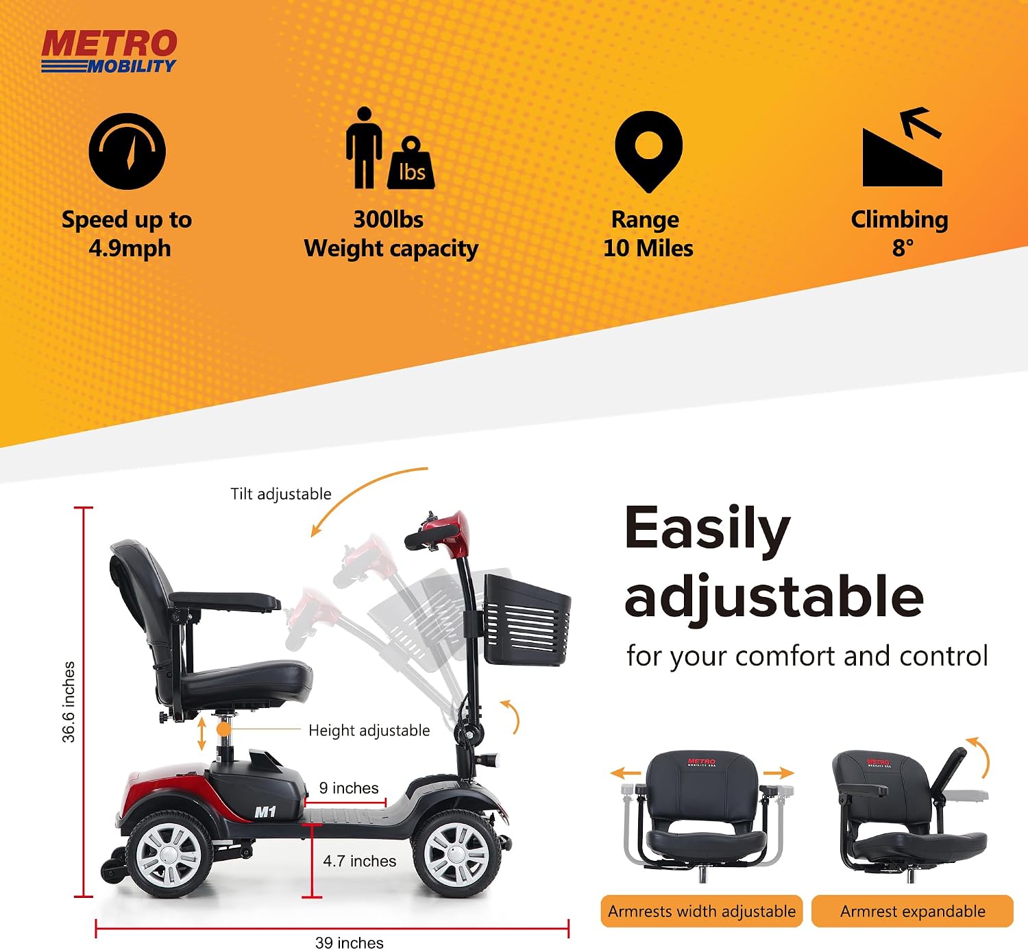 LED Lights Swivel seat Mobility Scooter, Rear Suspension, Electric wheelchairs for Seniors 300 pounds, Detachable Folding Scooter, 4 Wheel (Electric Scooter - Red)