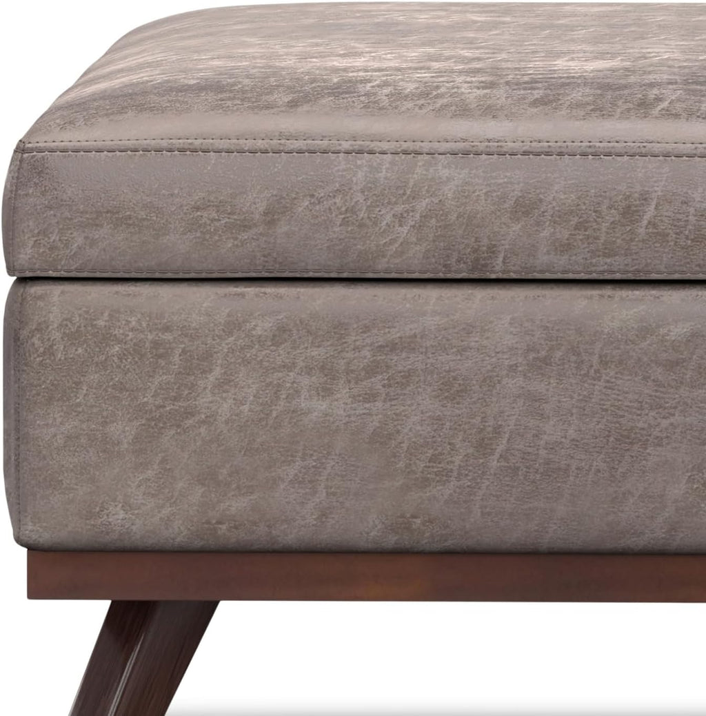 SIMPLIHOME Owen XL Square Coffee Table Storage Ottoman - 40 inch Wide Upholstered Vegan Leather Lift-Top Ottoman in Distressed Grey Taupe, Mid-Century Modern Ottoman for Living Room with Storage