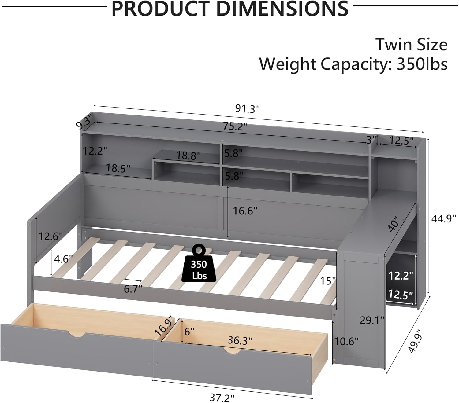 LUMISOL Twin Size Daybed with Storage Drawers, Corner Bed with Bookcase Headboard, Storage Shelves & Study Desk, Solid Wood Bed Frame for Kids, Teens & Adults, Grey