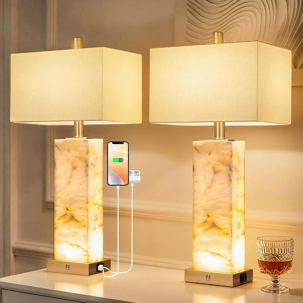 25.6' Alabaster Lamp, Marble Lamp Nightstand Lamps Set of 2, Modern Table Lamp with USB Ports, 3-Color Temperatures Bedside Lamps with Nightlight, Table Lamps for Living Room Bedroom, Bulbs Included