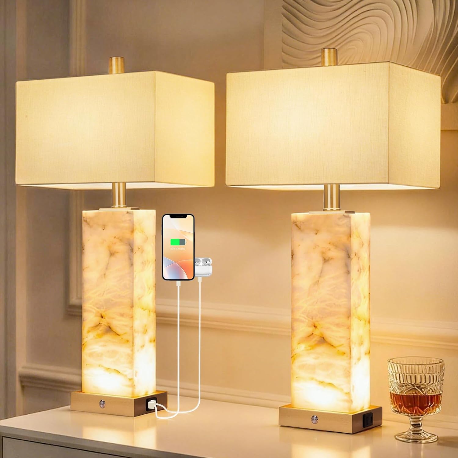 25.6' Alabaster Lamp, Marble Lamp Nightstand Lamps Set of 2, Modern Table Lamp with USB Ports, 3-Color Temperatures Bedside Lamps with Nightlight, Table Lamps for Living Room Bedroom, Bulbs Included