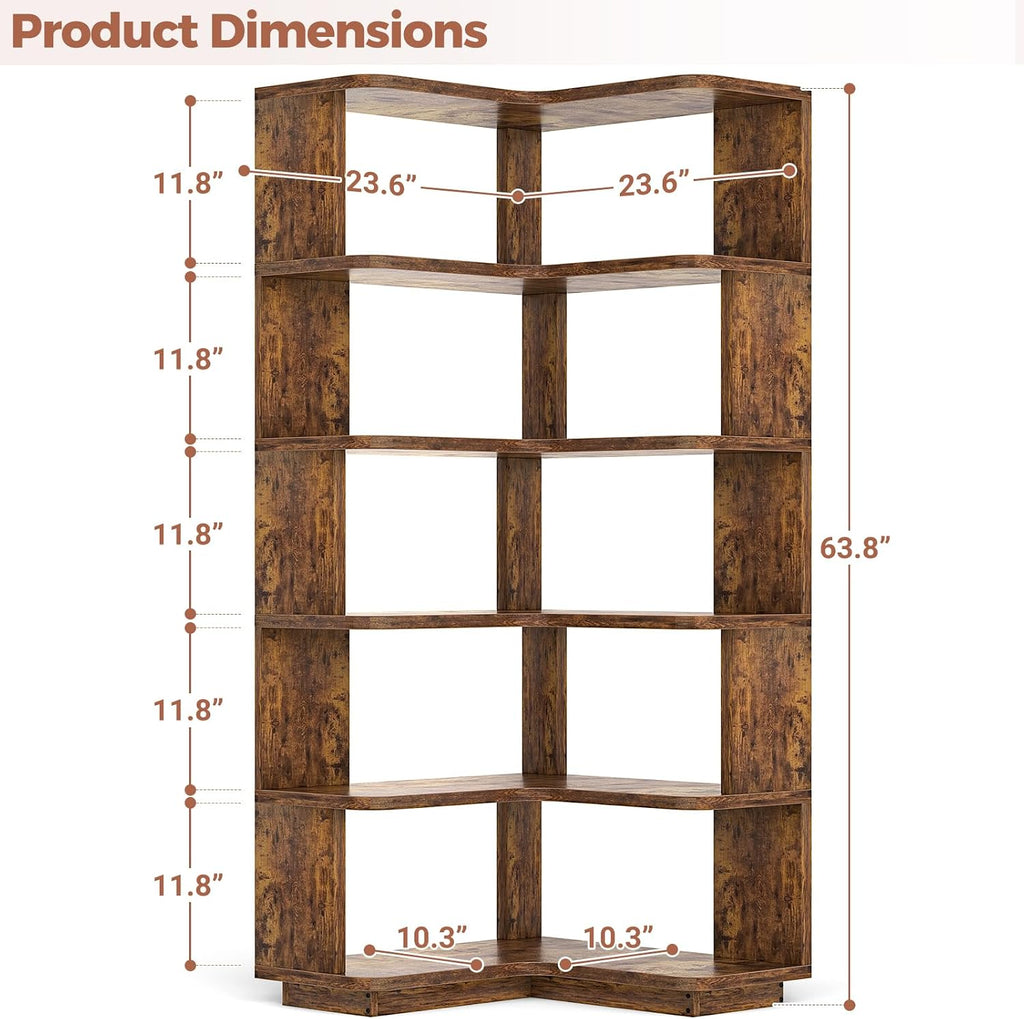 Besiost Corner Book Shelf, 6-Shelf Corner Bookshelf for Small Corner Spaces, L-Shape Bookcase Corner Display Shelf for Home Office, Living Room, Bedroom, Kitchen Pantry, Rustic Brown