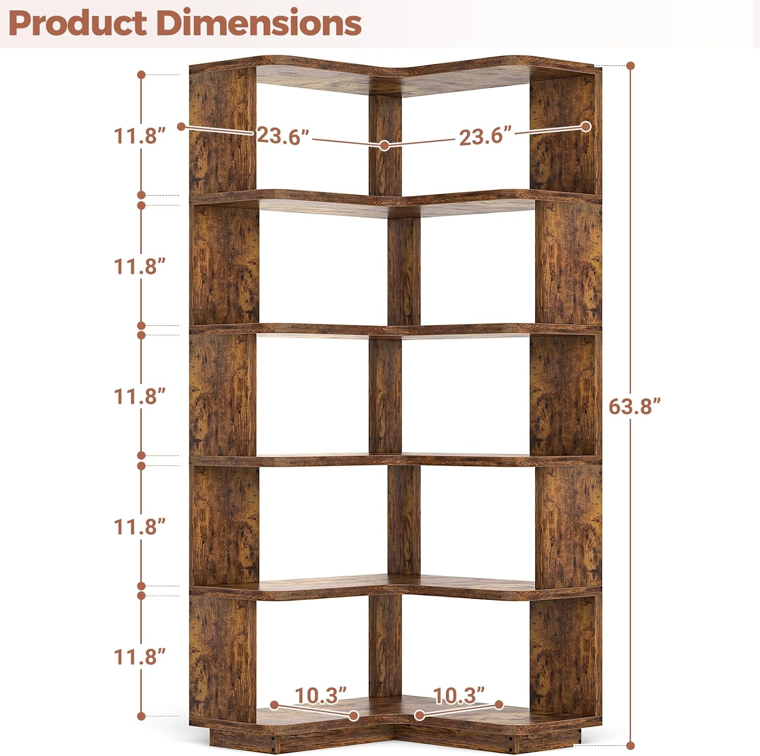 Besiost Corner Book Shelf, 6-Shelf Corner Bookshelf for Small Corner Spaces, L-Shape Bookcase Corner Display Shelf for Home Office, Living Room, Bedroom, Kitchen Pantry, Rustic Brown