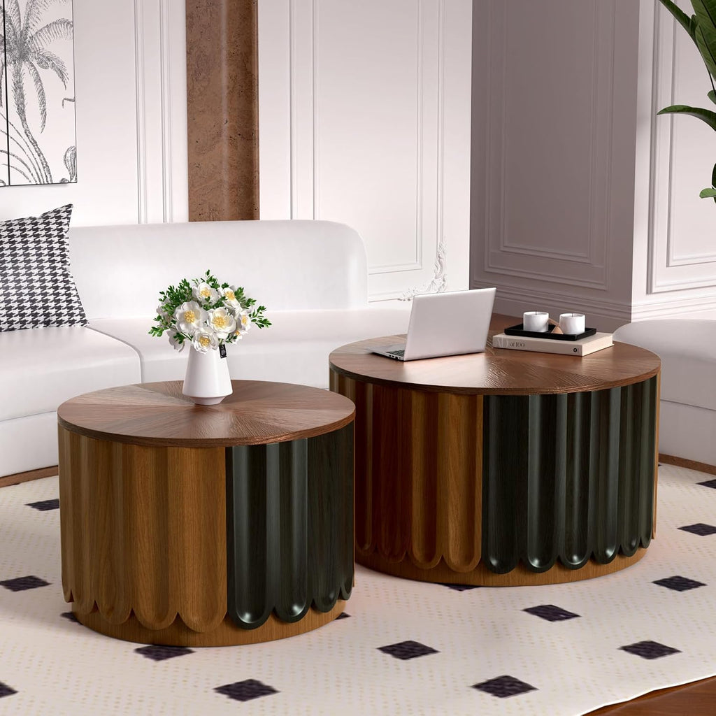 Round Nesting Coffee Table Set of 2 Wooden Round Fluted Coffee Tables with Storage, Modern Drum Side End Table Wooden Circle Accent Side Table for Living Room Bedroom, No Assembly (Brown 26.8'+19.7')