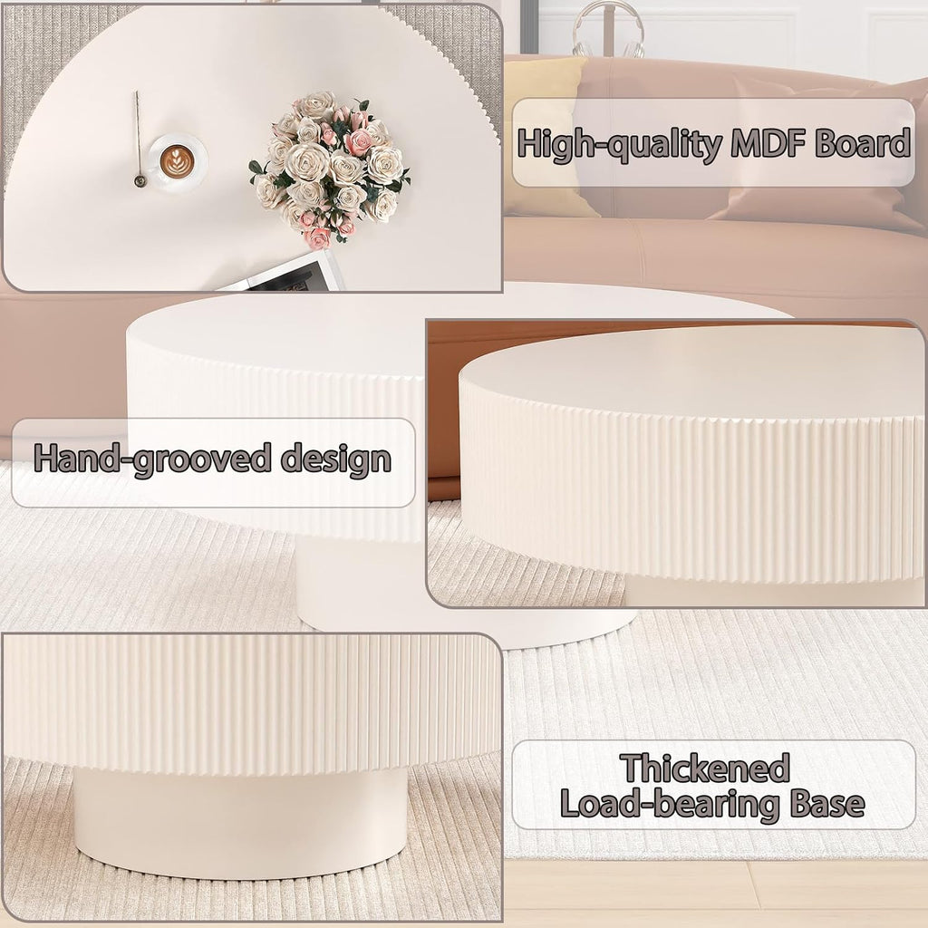 Round Drum Coffee Table Modern Unique Round Fluted Coffee Tables Farmhouse Fluted Circle Center Table Accent Tea Table with Sturdy Pedestal for Living Room Reception Room (White 31 inch)