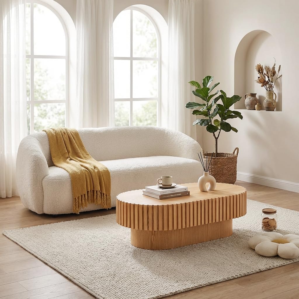 Oval Coffee Table for Living Room Fluted Coffee Table with Pedestal Modern Handcrafted Wood Center Table Tea Table Home Furniture Office Apartment Easy Assembly 43.7' Natural Wood