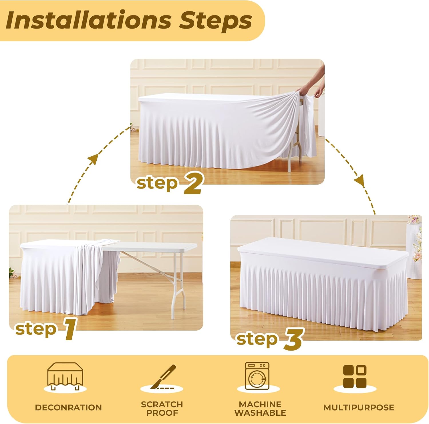 6 Pack White Spandex Fitted Tablecloth 8 Foot - Stretch Table Clothes for 8 FT Rectangle Table, Washable Ruffles Elastic for Weddings, Buffet, Banquet, Trade Craft Show, Party Celebration