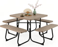 Tangkula 8 Person Picnic Table, Outdoor Square Picnic Table with 4 Built-in Benches, Umbrella Hole, Metal Frame & HDPE Tabletop, Outside Table and Bench Set for Backyard, 2300lbs Weight Capacity