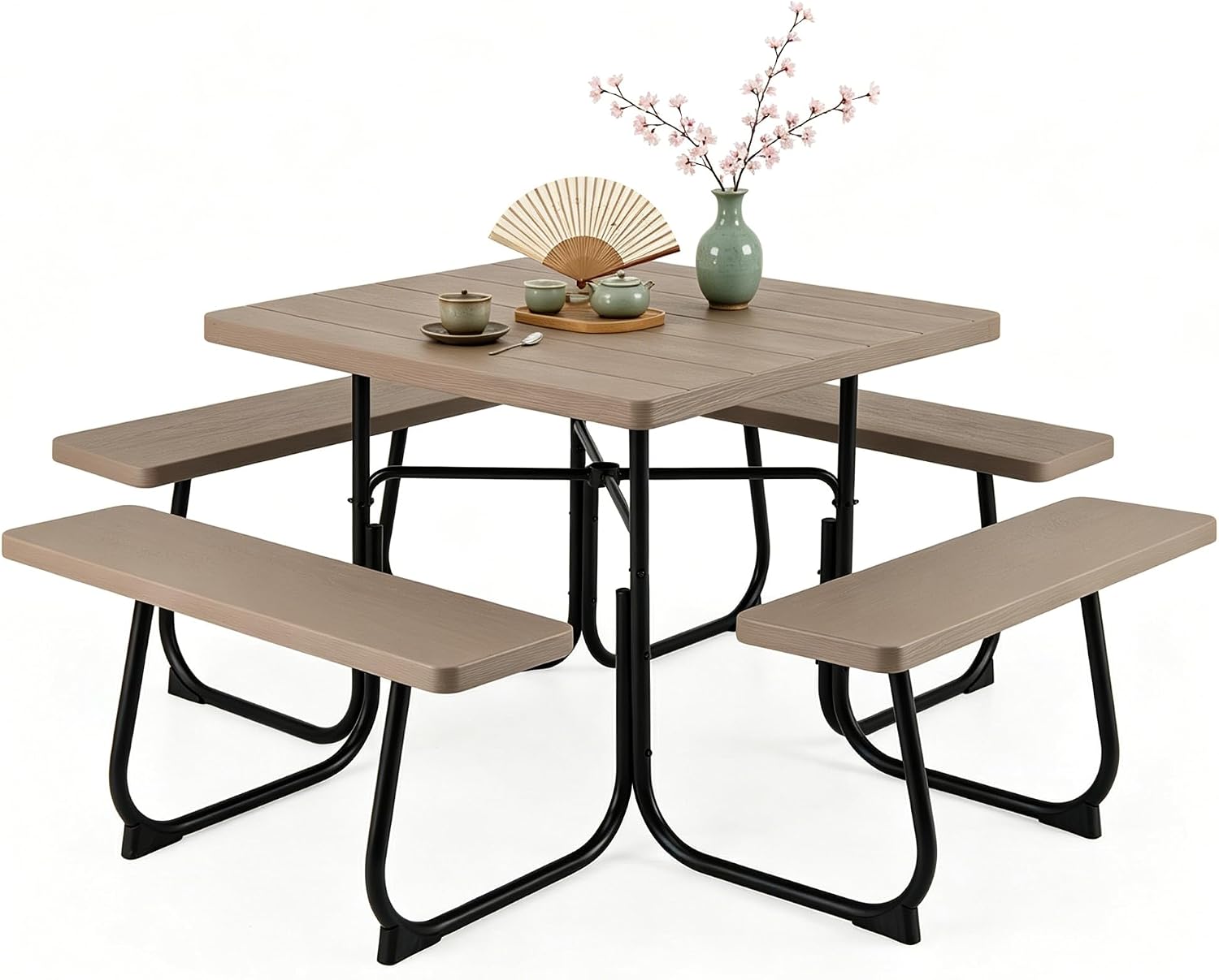 Tangkula 8 Person Picnic Table, Outdoor Square Picnic Table with 4 Built-in Benches, Umbrella Hole, Metal Frame & HDPE Tabletop, Outside Table and Bench Set for Backyard, 2300lbs Weight Capacity