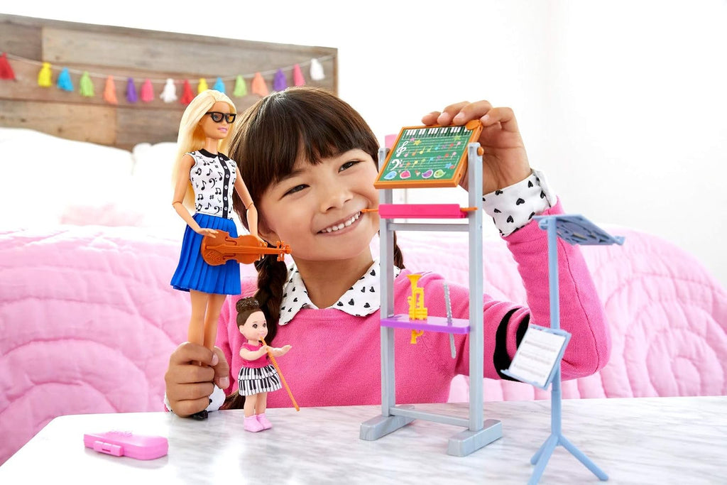 Barbie Music Teacher Doll, Blonde, and Playset with Flipping Chalkboard, Student Small Doll and 4 Musical Instruments
