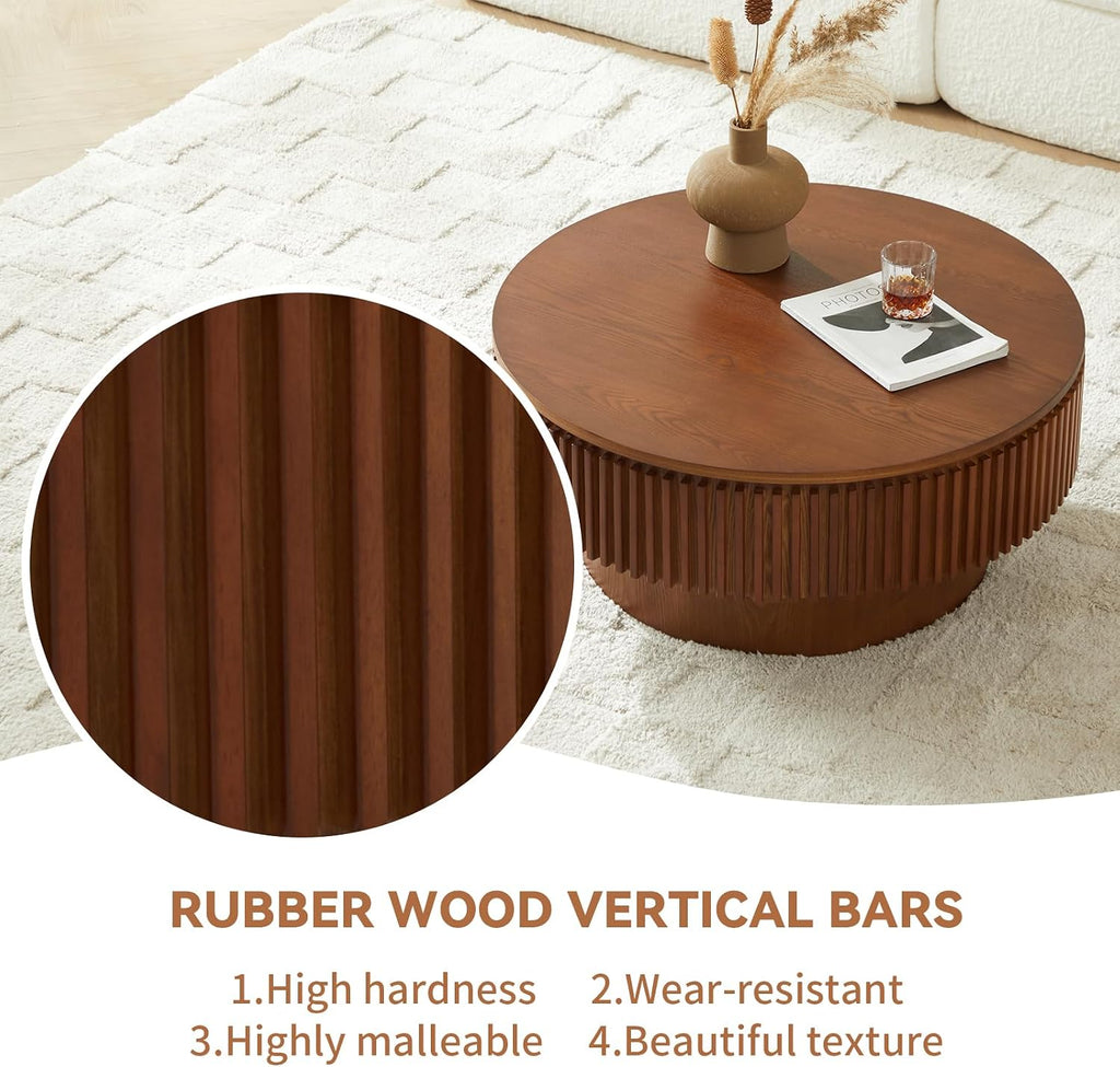 Round Coffee Table for Living Room,Fluted Drum Accent Tea Center Table with Storage,Circle Modern Coffee Tables for Small Space Office Apartment (31.5' L×31.5''W×14''H-Walnut)