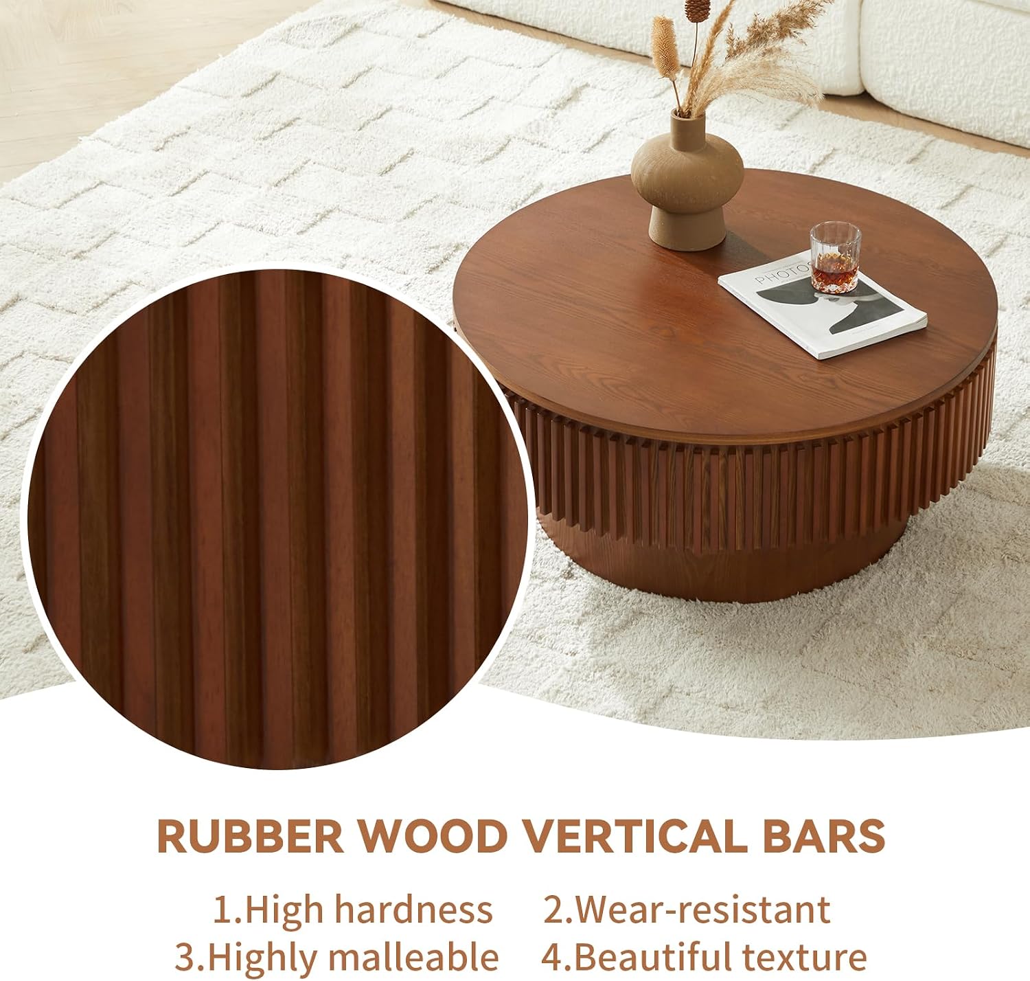Round Coffee Table for Living Room,Fluted Drum Accent Tea Center Table with Storage,Circle Modern Coffee Tables for Small Space Office Apartment (31.5' L×31.5''W×14''H-Walnut)