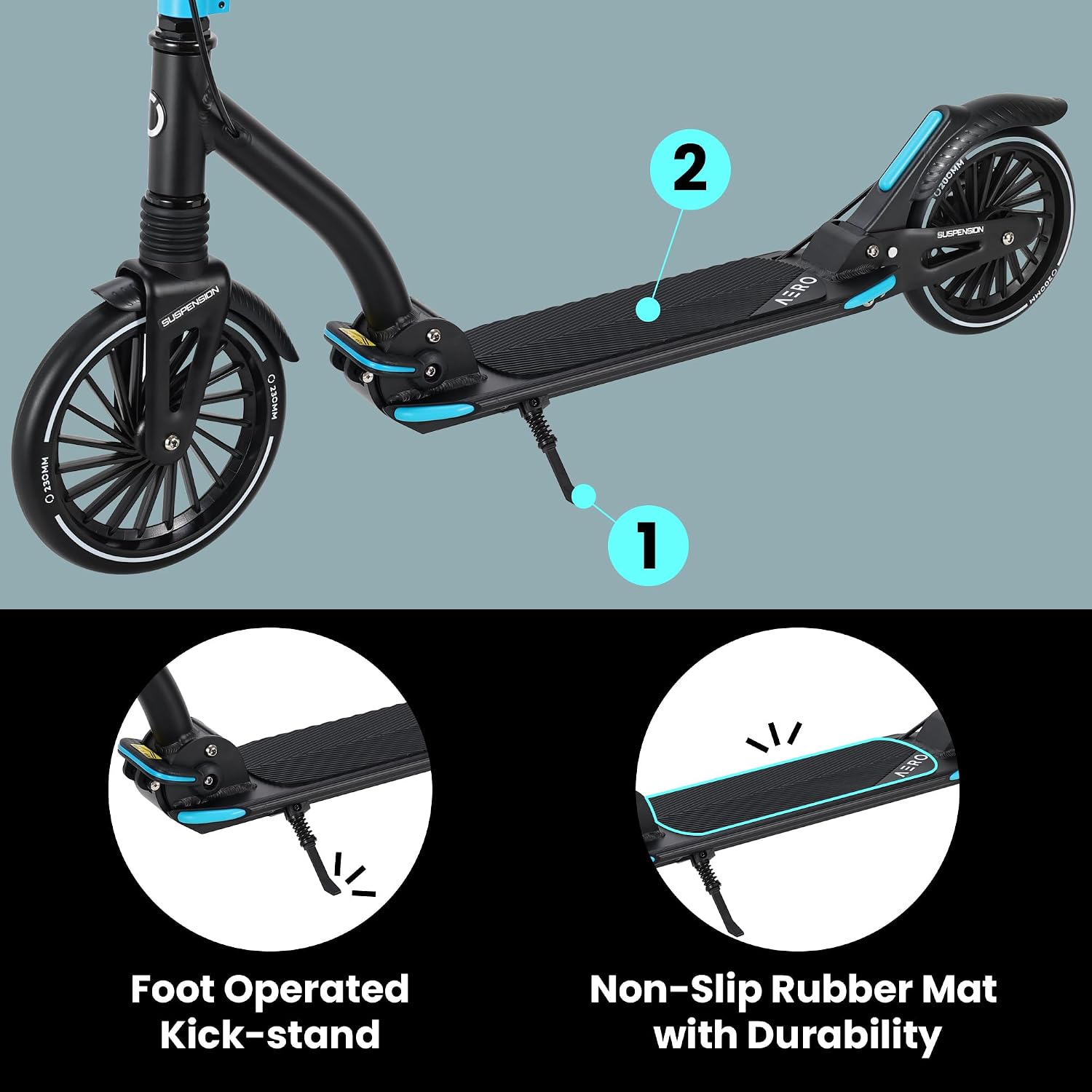 AERO MOBILITY Big Wheel Kick Scooter for Kids 6-12, Teens & Adults | Light Up Wheels | Hand Controlled Brake | Shock Absorption | Rubber Deck Mat | Foldable & Height Adjustable