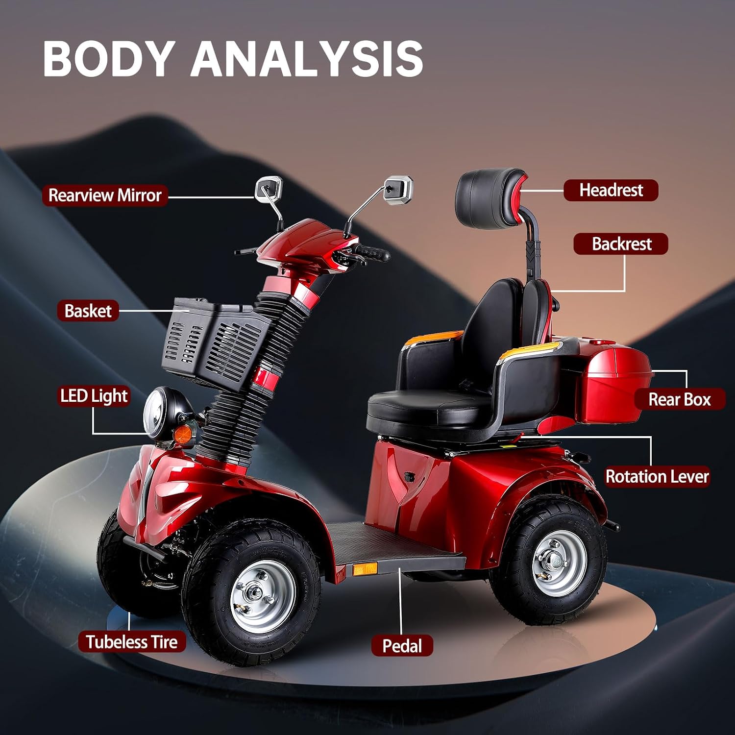 Mobility Scooters for Seniors & Adults 600lbs Capacity, Heavy Duty 4-Wheel 3-Speed Electric Powered Wheelchair Device 1000W All Terrain, Elderly-Lockbox Adjustable Seat (DJD Red 1000W)