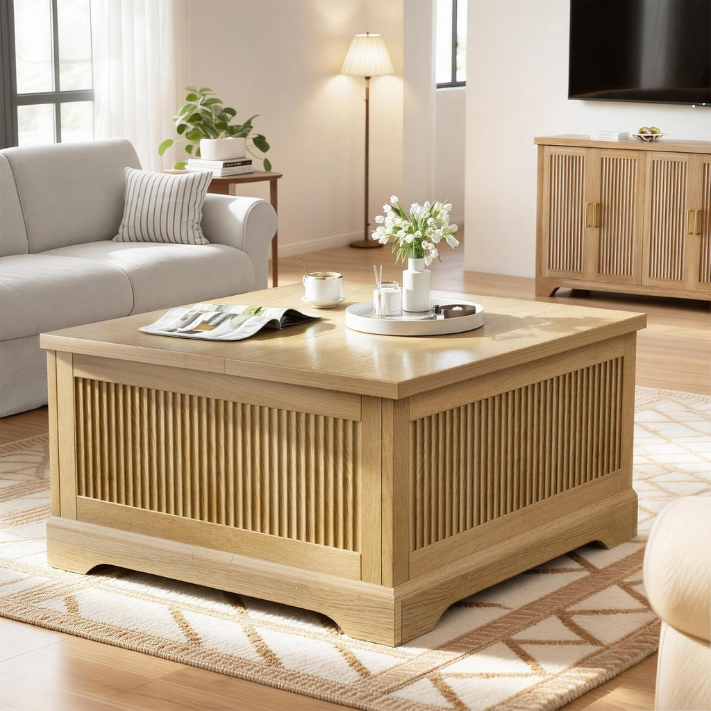 Memobarco Lift Top Coffee Table with Storage,Fluted Coffee Tables with Lifting Top,Modern Farmhouse Square Center Table for Living Room, Home Office, with Hidden Compartment, Flip-Up Lids, Natural Oak