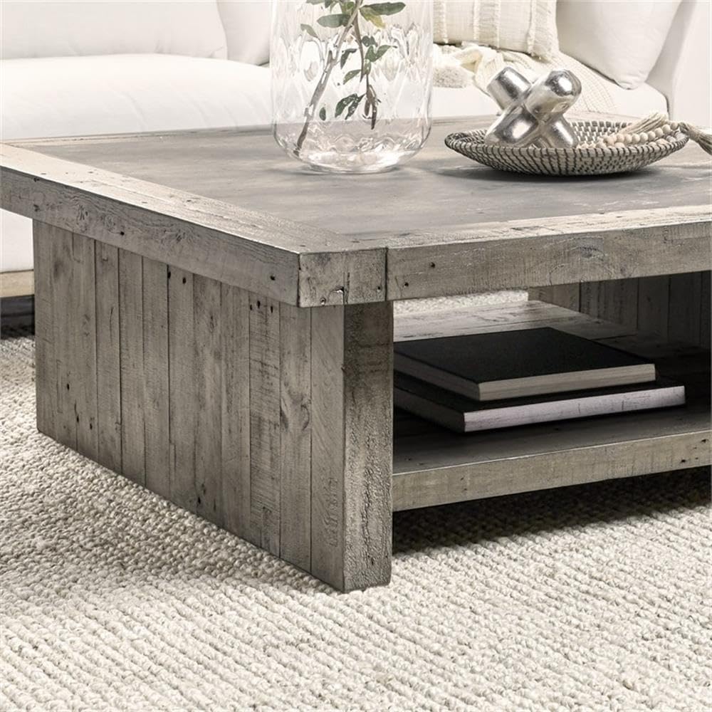 Pemberly Row 50' Square Wood Coffee Table, Antique Gray Finish, Reclaimed Wood Frame with Concrete Laminate Top, Open Shelf Design, Transitional Style Living Room Centerpiece or Storage Table