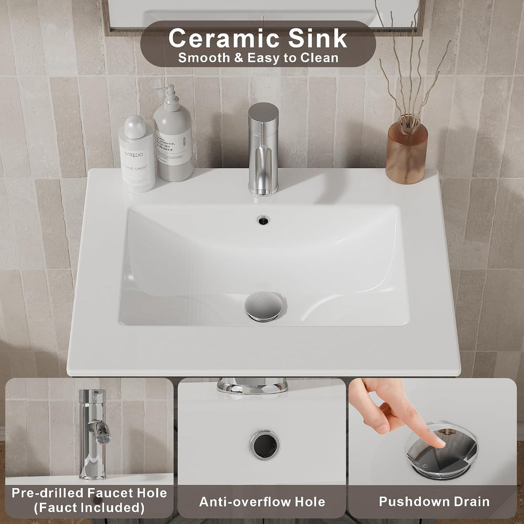 KIGOTY 24 Inch Farmhouse Vanity for Bathroom with Ceramic Sink, Vanity Sink Cabinet with Faucet, Wooden Sink Vanity, Freestanding Bathroom Sink and Cabinet, Bathroom Furniture Set