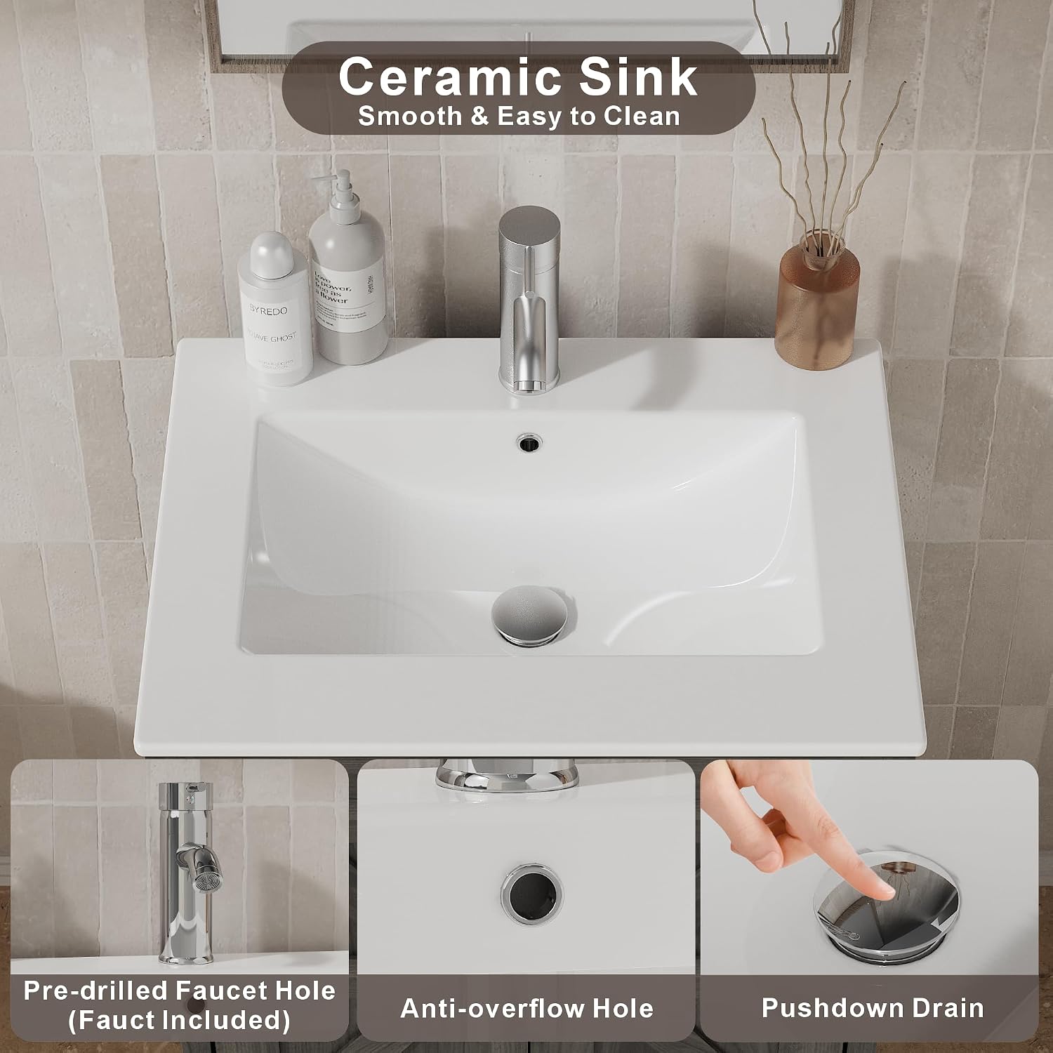KIGOTY 24 Inch Farmhouse Vanity for Bathroom with Ceramic Sink, Vanity Sink Cabinet with Faucet, Wooden Sink Vanity, Freestanding Bathroom Sink and Cabinet, Bathroom Furniture Set