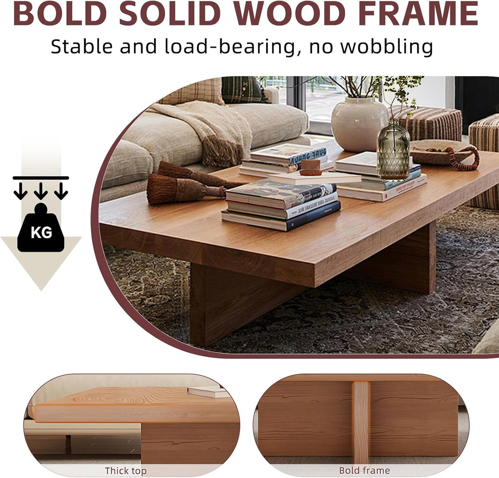 Solid Wood Coffee Table, Farmhouse Square Center Table, 2' Thick Tabletop, Durable Natural Wood Grain, Living Room Table for Living Room & Office