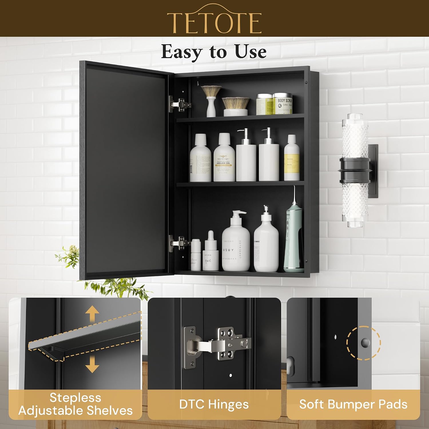 TETOTE 20' x 26' Medicine Cabinet Storage with Mirror Black Bathroom Medicine Cabinet with Beveled Aluminum Frame Surface Wall-Mounted or Recessed, Shelves Adjustable