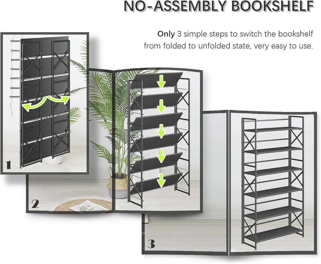 4NM Extra Wide 6 Tiers No Assembly Book Shelves, 61.8' H Folding Bookshelf Bookcase Open Industrial Foldable Shelves for Bedroom, Living Room, Home Office - All Black