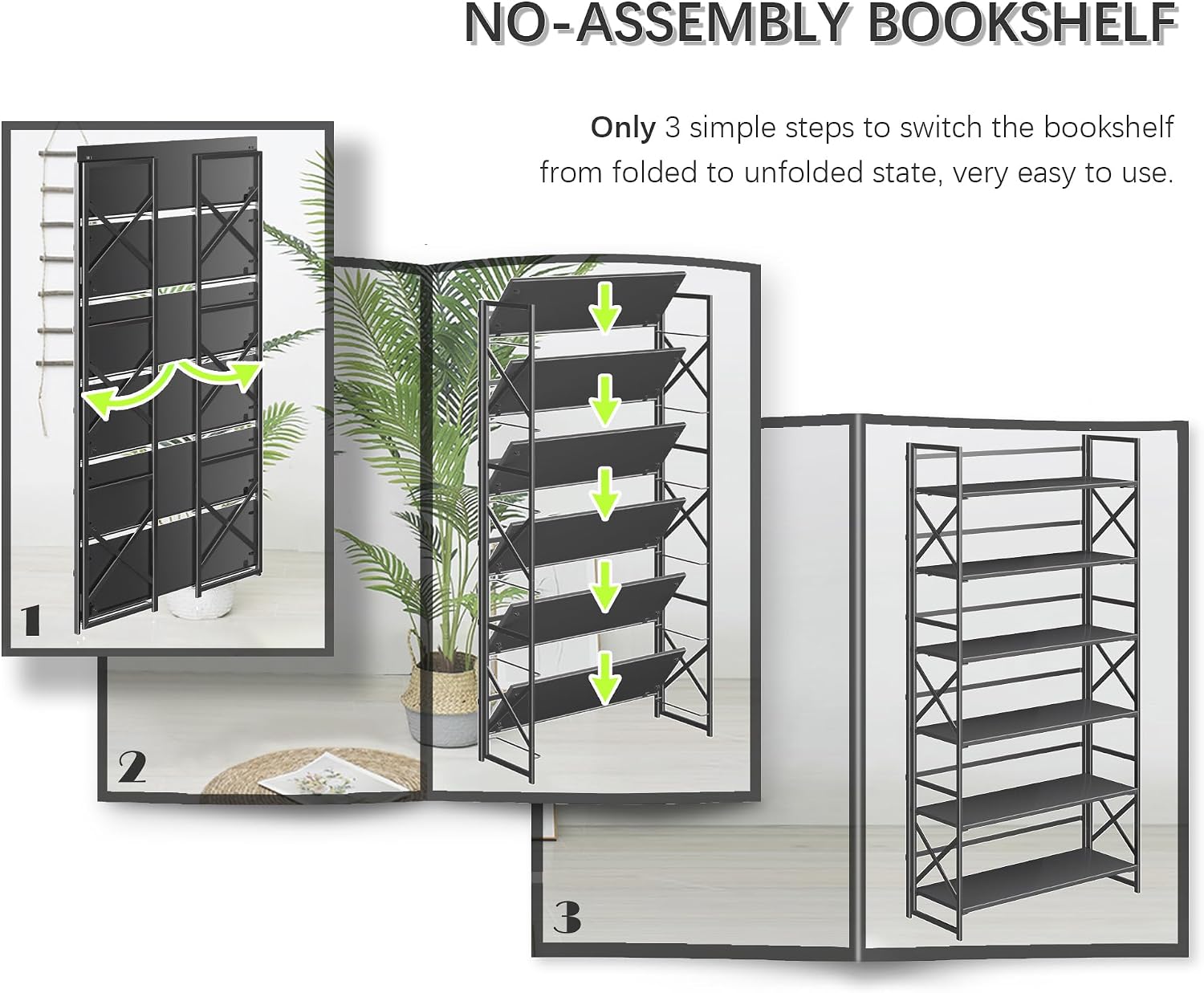 4NM Extra Wide 6 Tiers No Assembly Book Shelves, 61.8' H Folding Bookshelf Bookcase Open Industrial Foldable Shelves for Bedroom, Living Room, Home Office - All Black