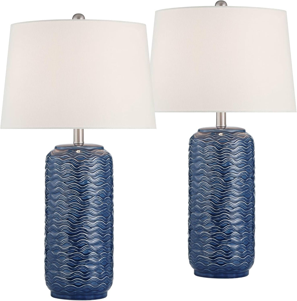 360 Lighting Waves 26 1/2' Tall Modern Coastal 3-Way Table Lamps Set of 2 Blue Ceramic Fabric White Shade Living Room Bedroom Bedside Nightstand House Office Home Reading Kitchen Entryway Console