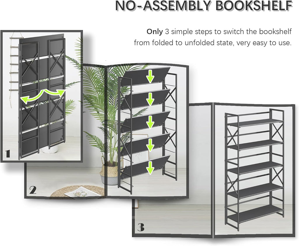 4NM Extra Wide 5 Tiers No Assembly Book Shelves, 51.2' H Folding Bookshelf Bookcase Open Industrial Foldable Shelves for Bedroom, Living Room, Home Office - All Black