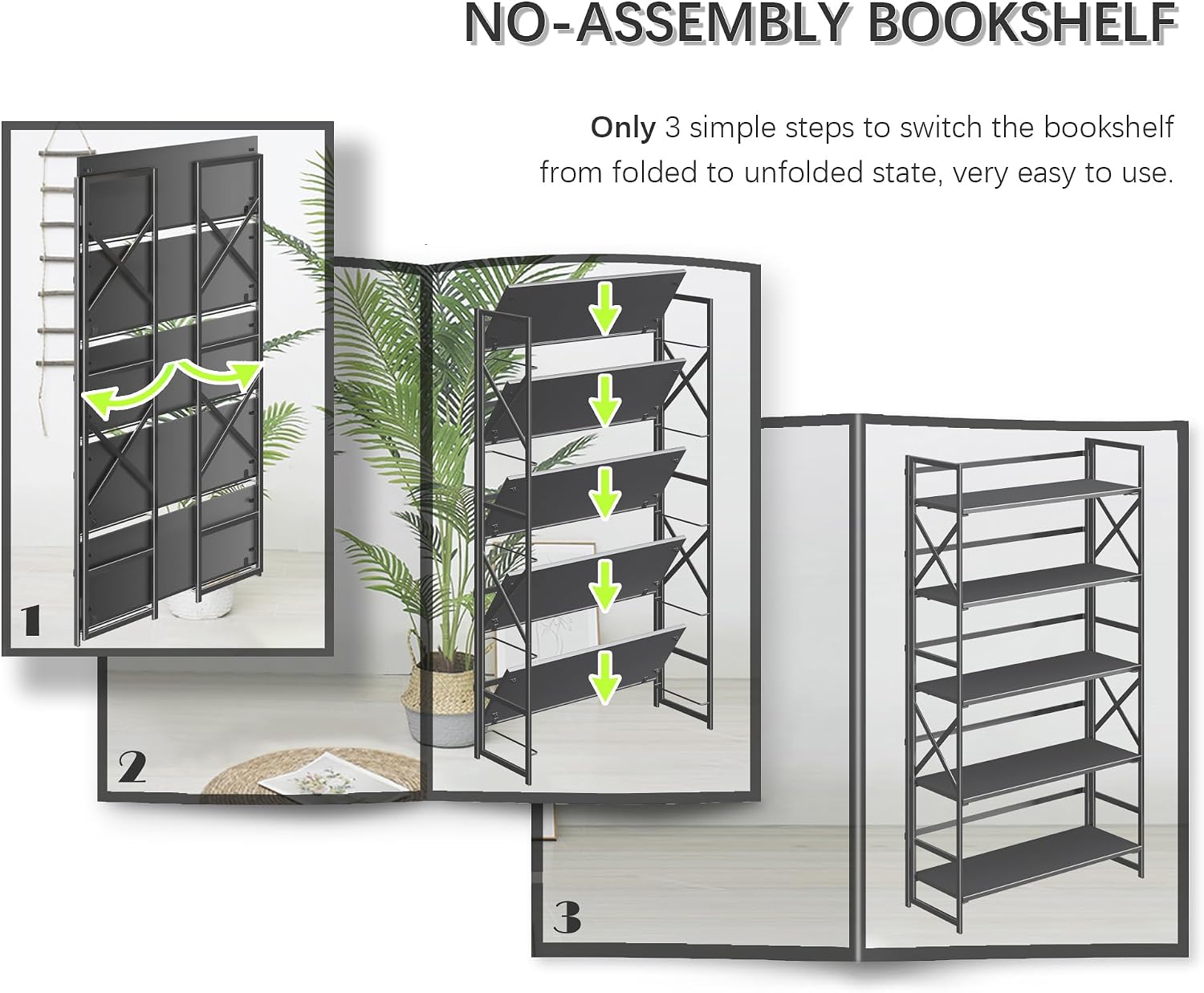 4NM Extra Wide 5 Tiers No Assembly Book Shelves, 51.2' H Folding Bookshelf Bookcase Open Industrial Foldable Shelves for Bedroom, Living Room, Home Office - All Black