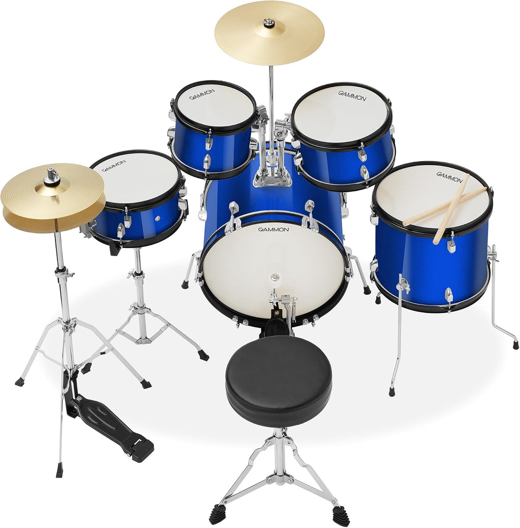 Gammon Percussion 5-Piece Junior Starter Drum Kit with Cymbals, Hardware, Sticks, & Throne - Blue