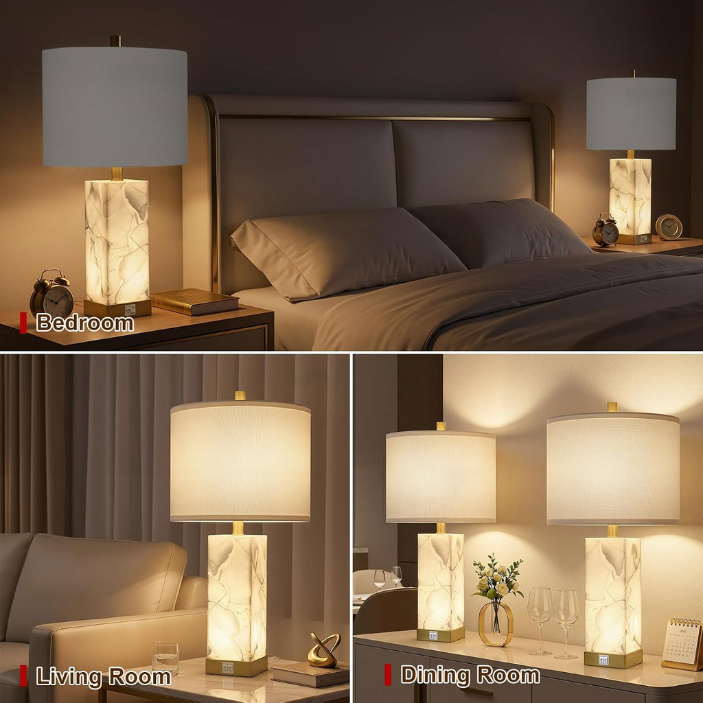 Scenekoy 23' Alabaster Table Lamps Set of 2 for Living Room Bedroom, Bedside Lamps with USB A+C Ports, Modern Table Lamp with Linen Shade for Living Room Bedroom Nightstand (Bulbs Included)