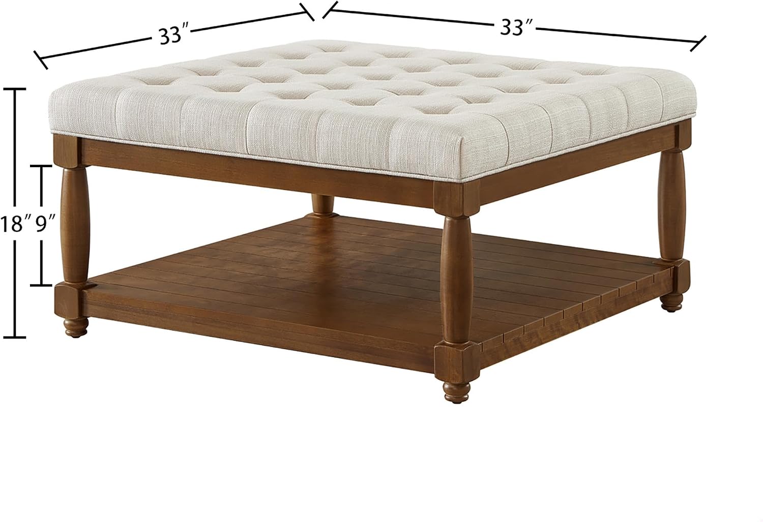 GDFStudio Large Square Upholstered Tufted Linen Ottoman Coffee Table with Solid Wood Frame and Open Storage Shelf, Nailhead Trim Accent Footrest for Living Room, Ivory