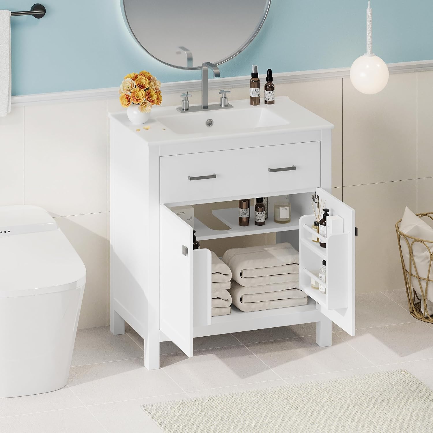 Merax 30' Modern Single Bathroom Vanity Set with Ceramic Sink, Freestanding Wood Frame Bathroom Storage Cabinet with a Flip-Out Drawer & 2 Doors & a Shelf, White