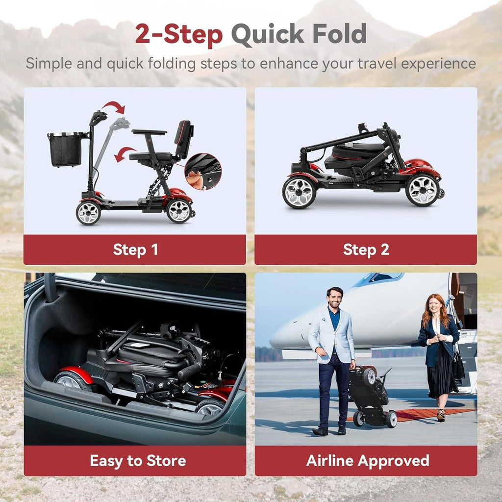 Wheelwavi Lightweight Mobility Scooter for Seniors, 20-25 Miles Portable Mobility Scooter for Travel, Removable Lithium Battery, Scooter for Adults with 330 lbs Capacity LED Headlights-RED