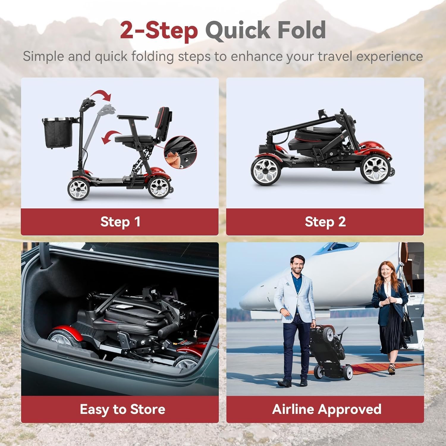 Wheelwavi Lightweight Mobility Scooter for Seniors, 20-25 Miles Portable Mobility Scooter for Travel, Removable Lithium Battery, Scooter for Adults with 330 lbs Capacity LED Headlights-RED