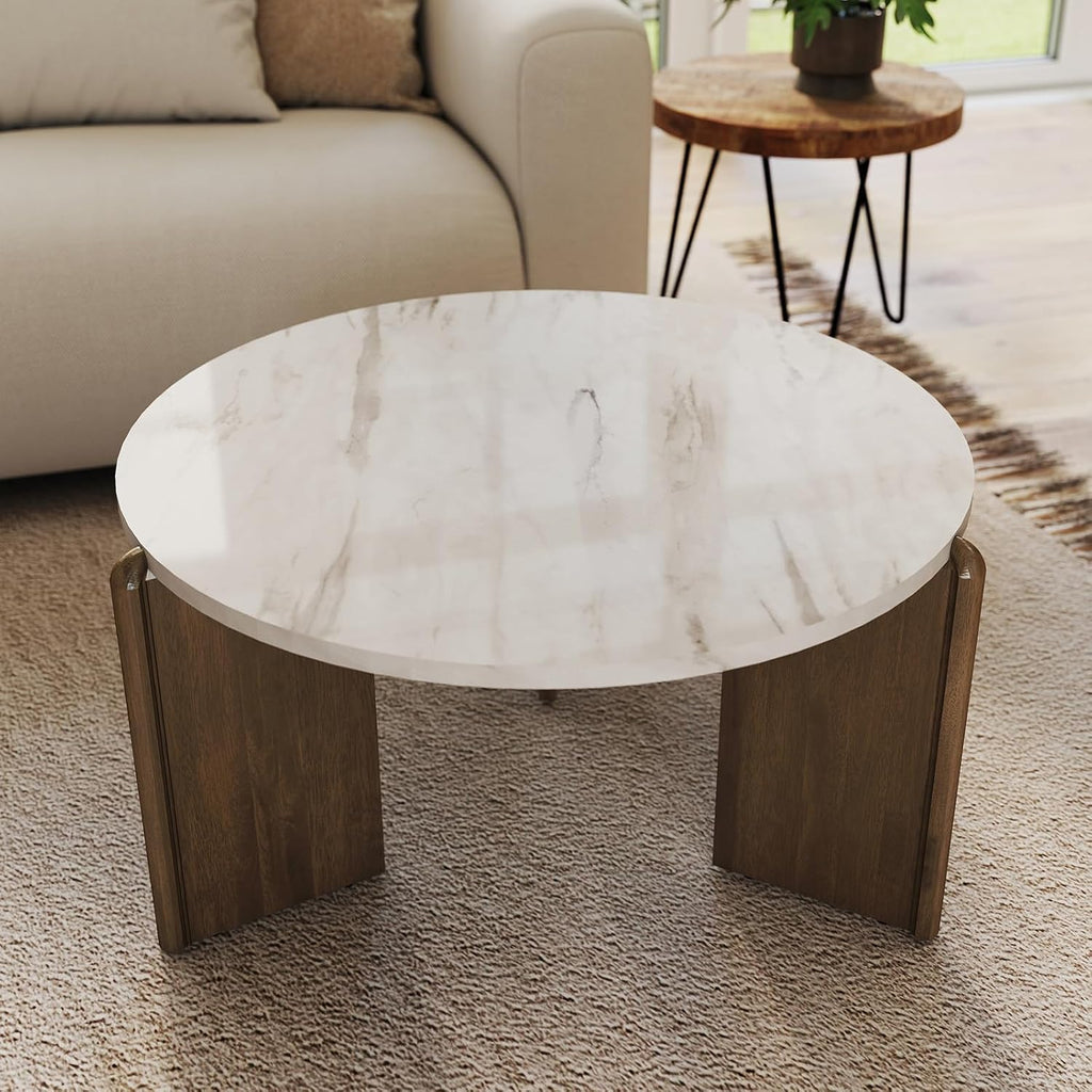 Travertine Texture Coffee Table 31.5 inch Modern Faux Marble Coffee Table Low Circle Center Table for Living Room Round Accent Table with Three-Legs for Apartment, White