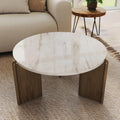 Travertine Texture Coffee Table 31.5 inch Modern Faux Marble Coffee Table Low Circle Center Table for Living Room Round Accent Table with Three-Legs for Apartment, White