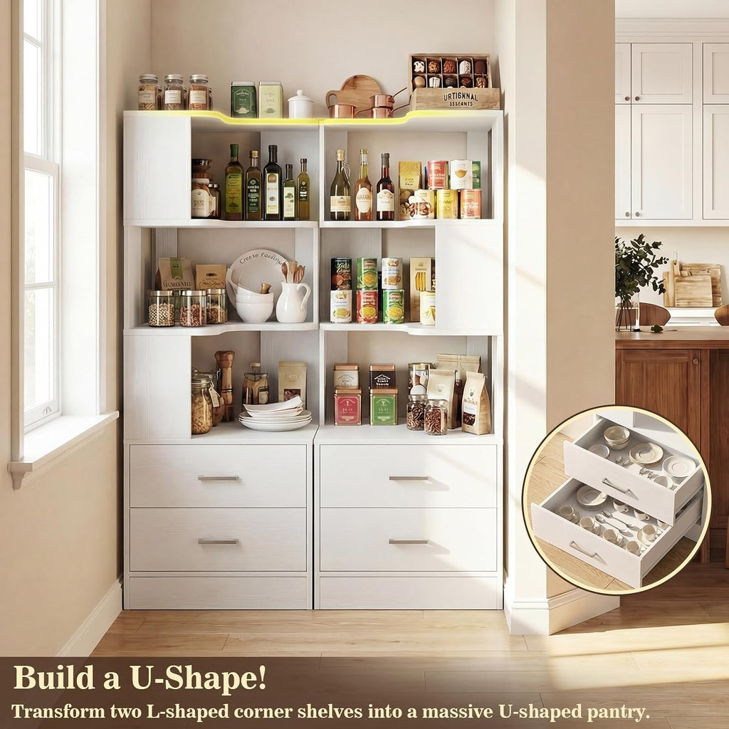 Armocity Corner Bookshelf with Drawers, 6 Tier Corner Book Shelf Display Bookcase, Freestanding L Shaped Bookshelf for Bedroom, Living Room, Home Office, White