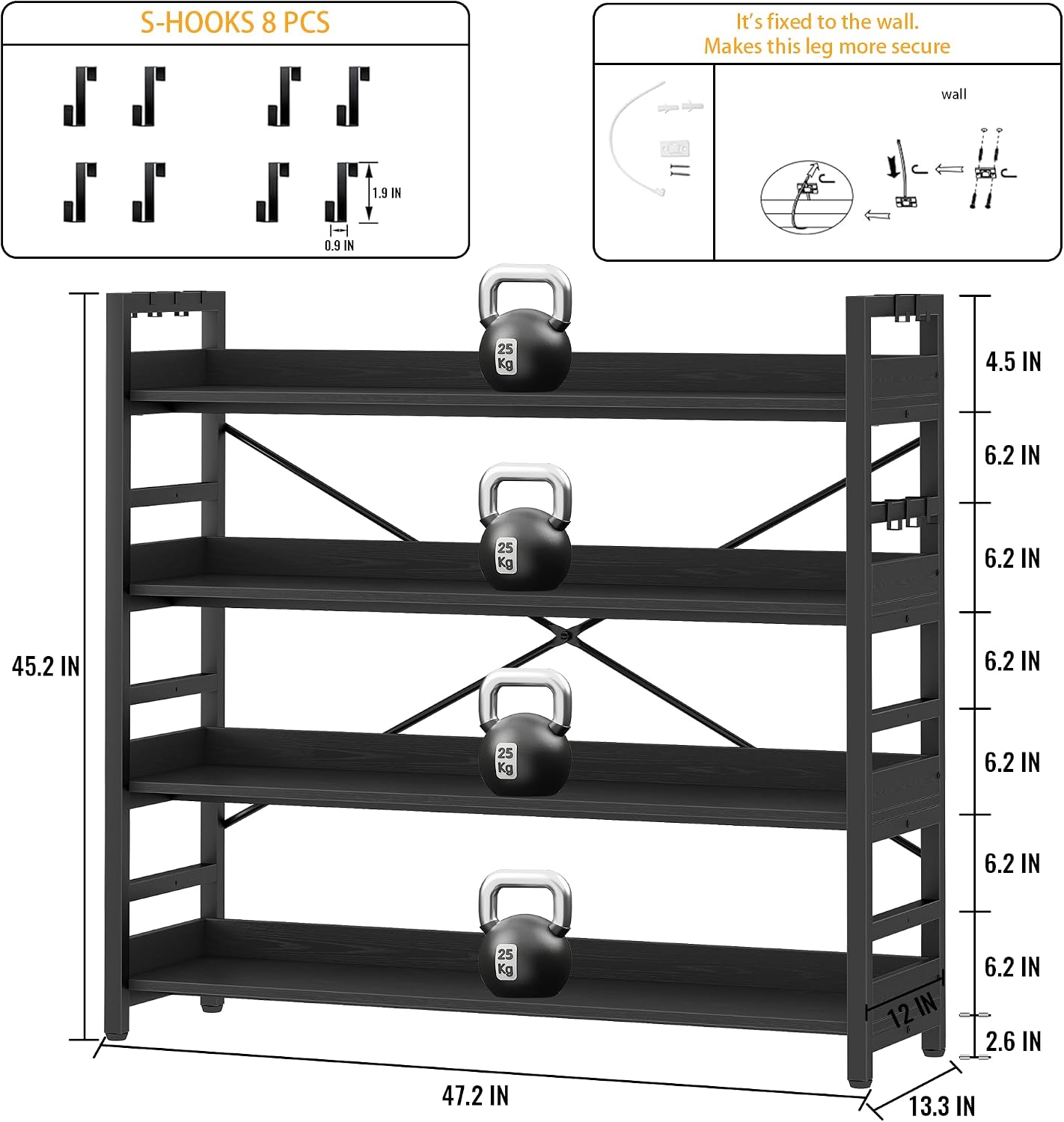 HCHQHS Bookshelf, Adjustable Industrial Bookcase, Vertical Tall Book Shelf, Wood and Black Metal Open Bookshelves for Home Office, Living Room, Bedroom (Black, 4-Tier (47' W x 44' H))