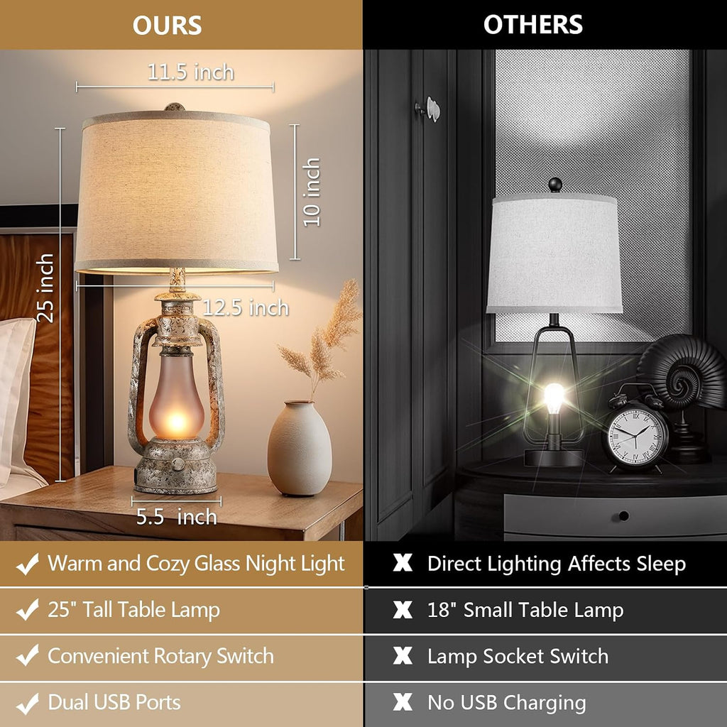 Farmhouse Rustic Table Lamps for Living Room Set of 2,Vintage Lantern Table Lamp with Dual USB Ports, 25' Tall Retro Bedside Lamp for Bedroom Nightstand, 4 Bulb Included (Iron Gray)
