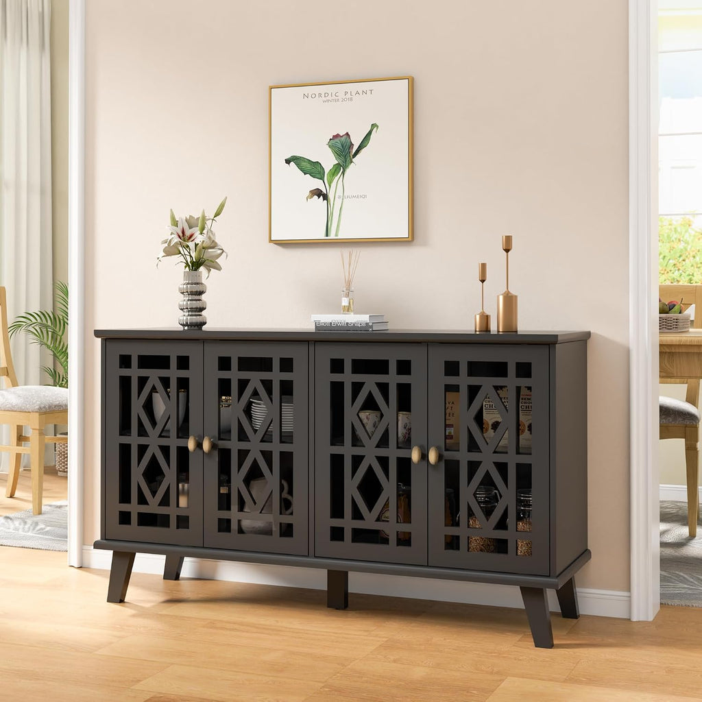 Scurrty 52' Buffet Cabinet with Storage,Sideboard with 4 Doors, Skeletonized Coffee Bar with Storage, Sideboard Cabinet for Dinning Room, Kitchen & Living Room (Black)