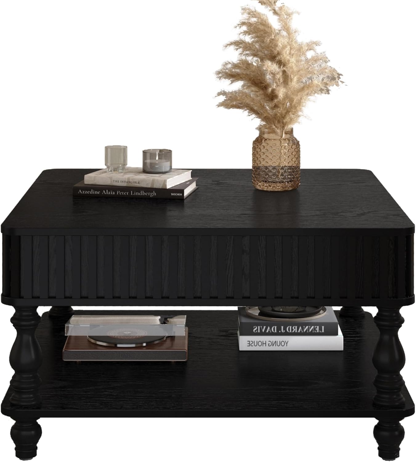 HARR Lift Top Square Coffee Table with Storage, 31.5'' Sofa Side End Table, Fluted Design Hydraulic Raising Mechanism, Hidden Compartment & Open Shelf, Retro Solid Wood Legs for Living Room, Black