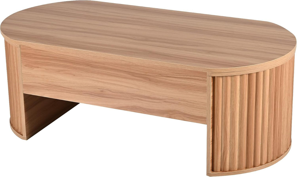 Oval Coffee Table with Lifting Top for Living Room Lift Up Coffee Table with Storage Modern Smart Coffee Tables with Lift Top Fluted Wooden Center Tables Light Brown 47.2'