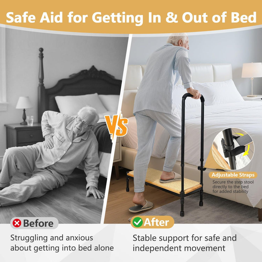 Bed Step Stool with Adjustable Handle for Elderly, Medical Step Stool for Bedside for Adults, 31.5' Long Safety Step Platform, Bed Stool for High Beds, Heavy Duty SUV Stepping Stool with Anti-Slip Mat