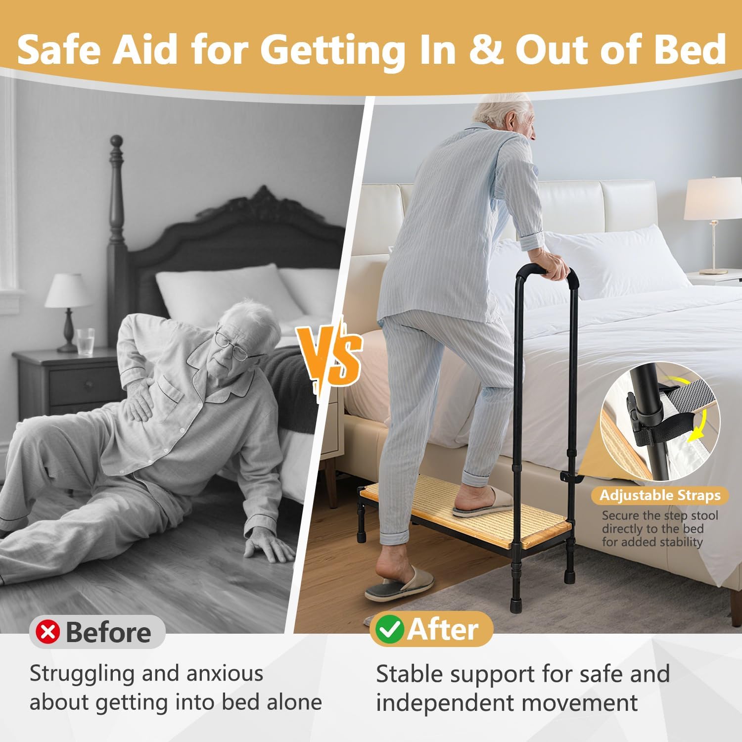 Bed Step Stool with Adjustable Handle for Elderly, Medical Step Stool for Bedside for Adults, 31.5' Long Safety Step Platform, Bed Stool for High Beds, Heavy Duty SUV Stepping Stool with Anti-Slip Mat